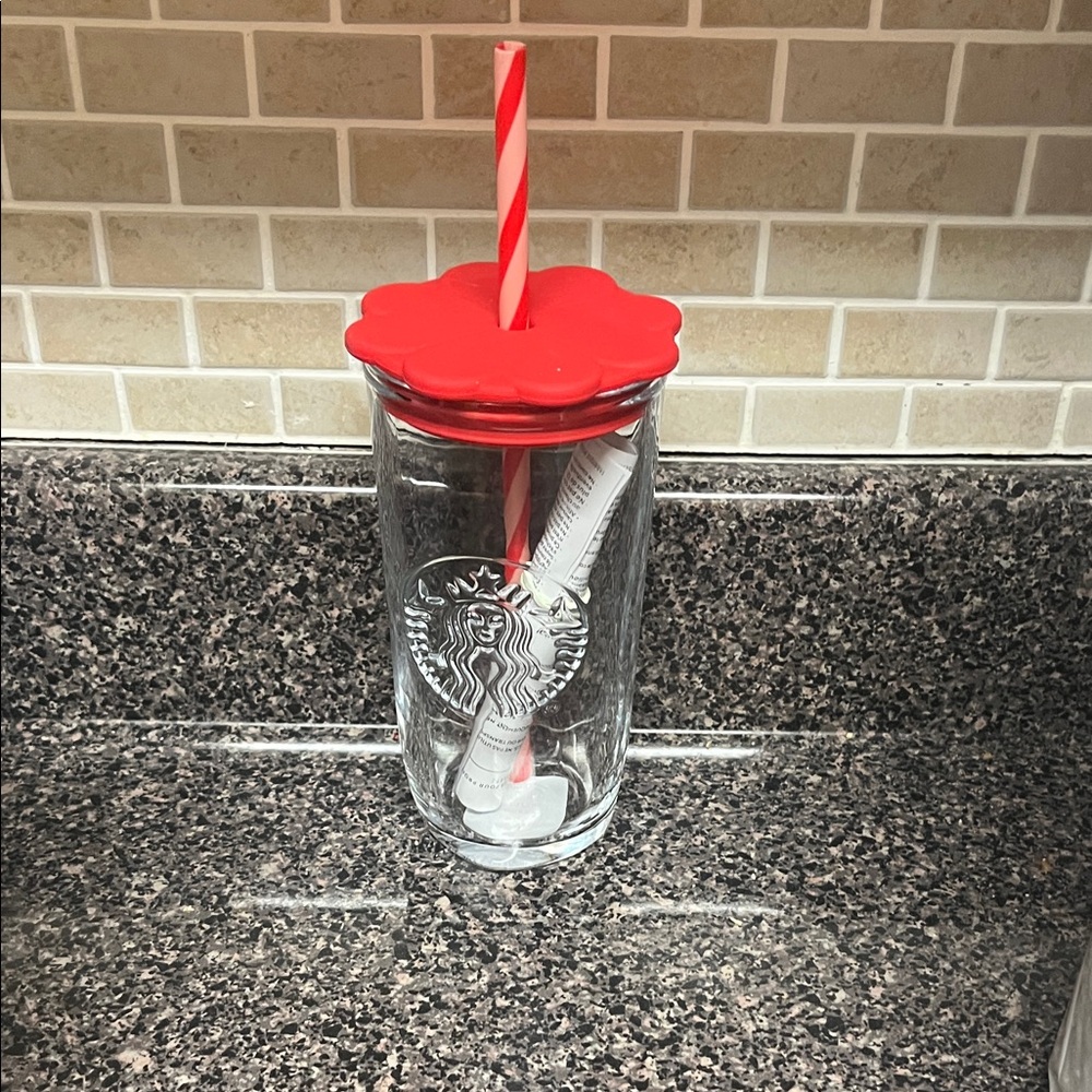 Starbucks Glass Tumbler with Red Floral Lid and Straw, New - Picture 1 of 3